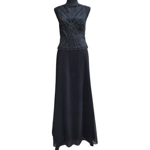 Tadashi Shoji Beaded Long Black Formal Evening Gown Dress Size Petite Medium